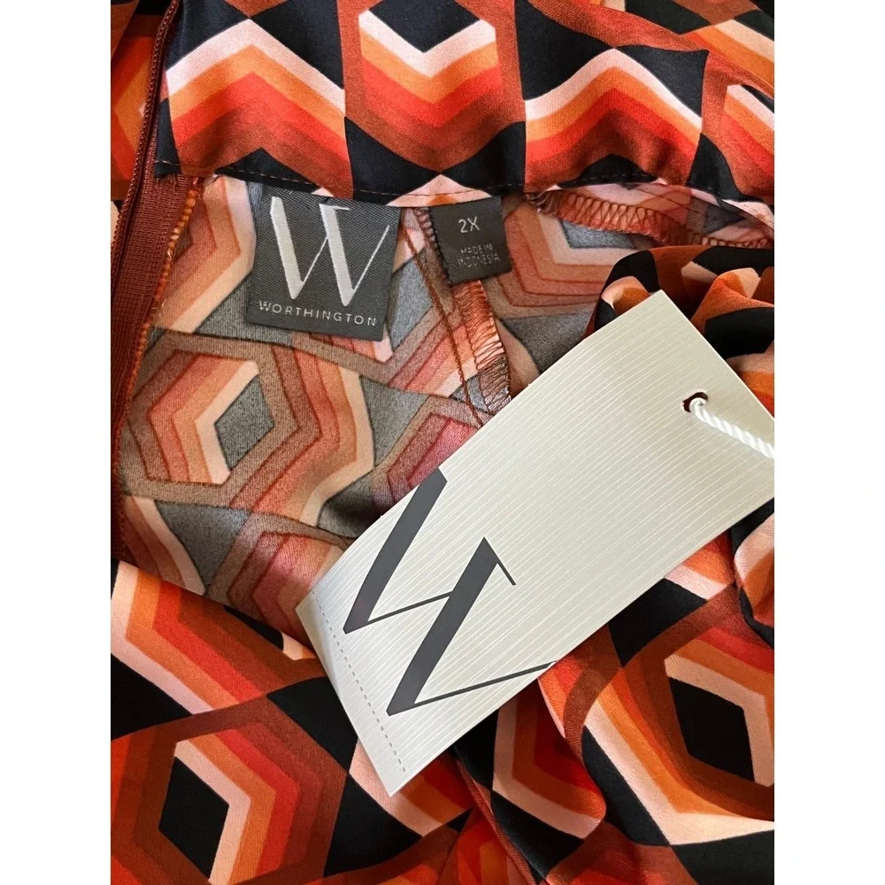 Worthington Women's Geometric Print Long Sleeve Maxi Dress Size 2X Orange - Picture 6 of 7